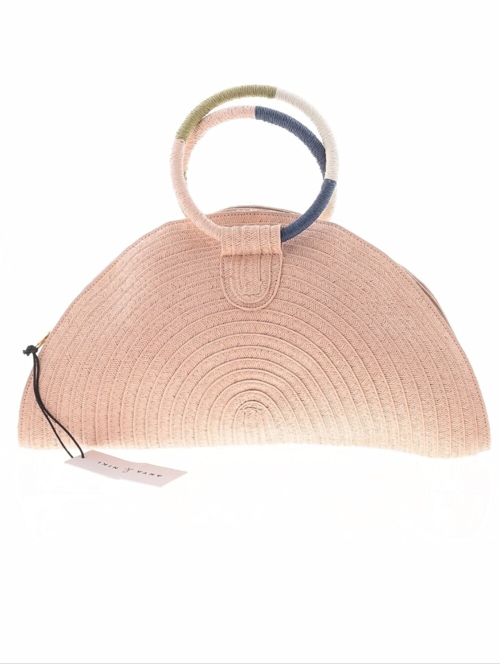 New ANYA NIKI Posey Clutch Half Moon Purse Bag Straw Paper Zip Linen Lined Blush